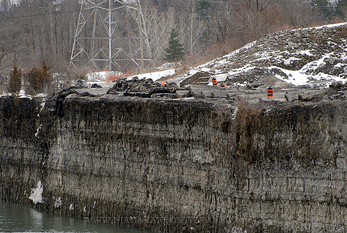 The rock plug separating the feeder canal from the outlet channel waiting final blast