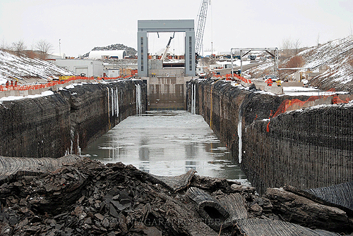 Rock debris looking west to tunnel outlet channel gate