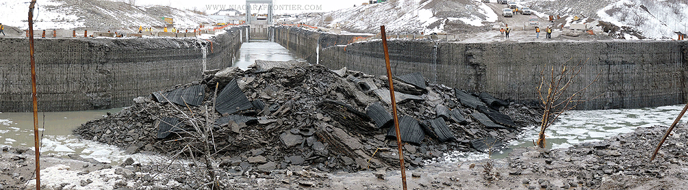 A Panoramic of the blast debris looking west to the tunnel outlet channel gate