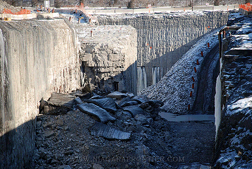 rock plug and demolished vehicle access ramp