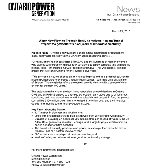 OPG Media Release Announcing Niagara Tunnel In Service