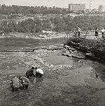 Spectators picking coins from the river bed ignoring the dangers